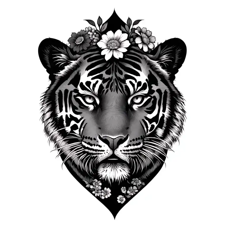 Tiger With A Cross And Flowers