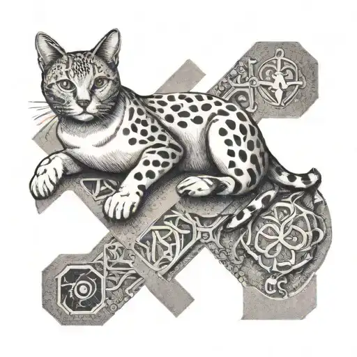 A Dotwork Tattoo Of A Cat Lounging On A Medical Cross Symbol
