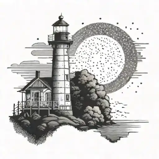 A Dotwork Tattoo Of A Lighthouse With A Mysterious Glow