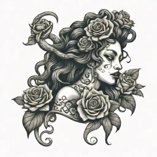A Stylized Medusa With Roses Blooming From Her Hair