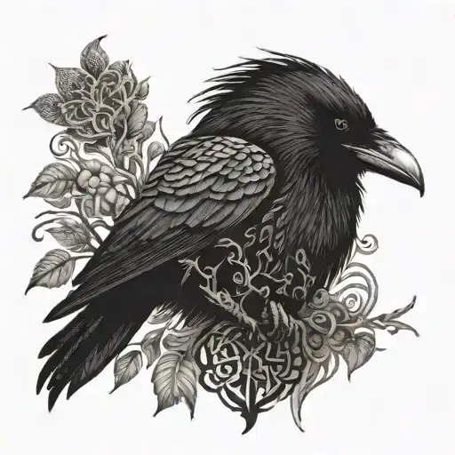 A Dotwork Tattoo Of A Raven Perched On A Branch With Intricate Viking Knotwork Designs