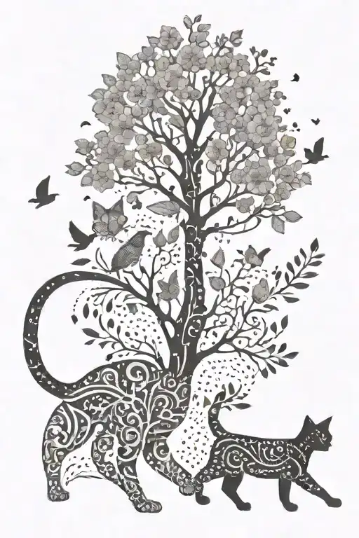 Cat Walking Full Body Front View With Birds And Flowers And A Tribal Tree