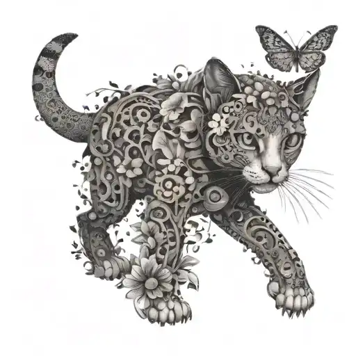 Mechanical Cat Walking Front View With Birds And Flowers In Black And White