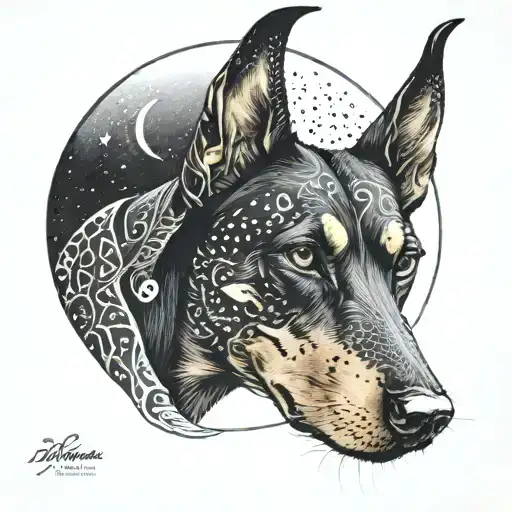A Surreal Tattoo Of A Dobermann With A Moon-shaped Skull For A Head