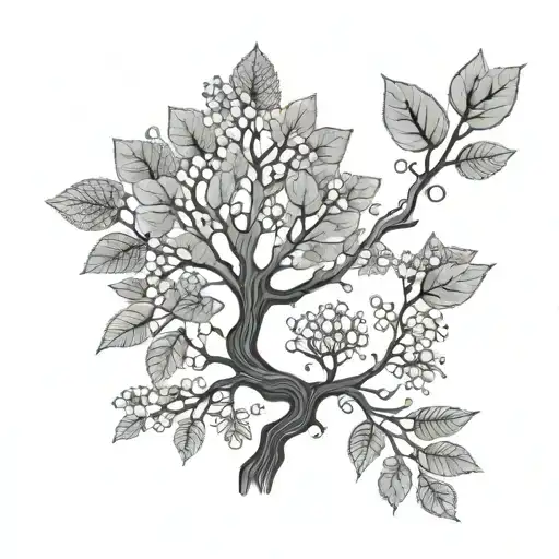 A Dotwork Design Of A Tree Branching Out Into Various Natural Elements Like Leaves And Flowers