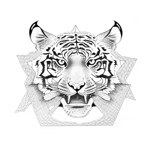 A Dotwork Tattoo Featuring A Tiger Surrounded By Intricate Forest Patterns