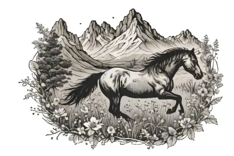 A Serene Landscape Of A Horse Galloping Across A Field Of Wildflowers With A Mountain Backdrop