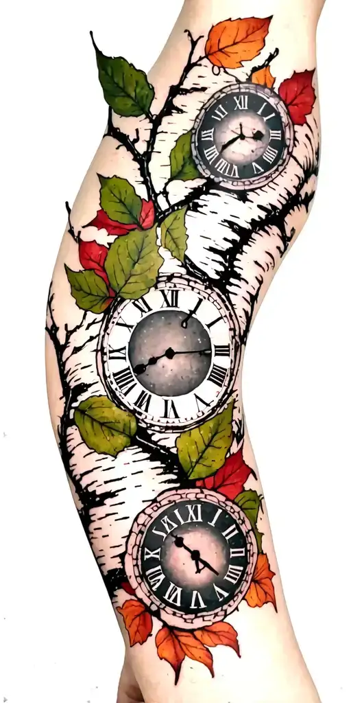 Birch Branches With Hunter Green Leaves With Only Three Clocks Integrated Into It For An Arm Sleeve