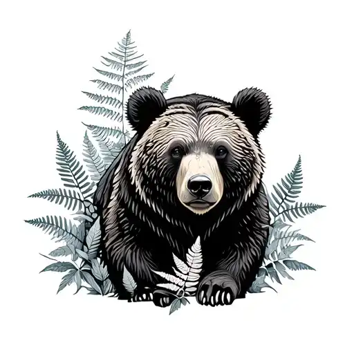 Bear With Fern Leaves And Oak Leaves Growing