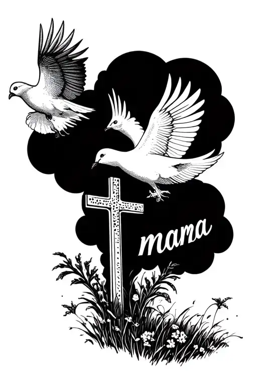 Crosses Field With Dove And Text 'Mama' With A Cloud Tattoo Effect
