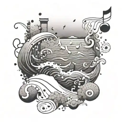 An Ocean Scene With Musical Notes Floating In The Water