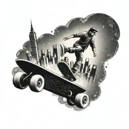 A Skateboarder Exploring A City Skyline On A Skateboard Made Of Travel Stamps