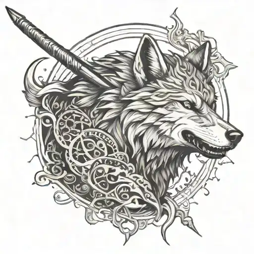 Japanese Wolf Head And Scythe Behind His Back