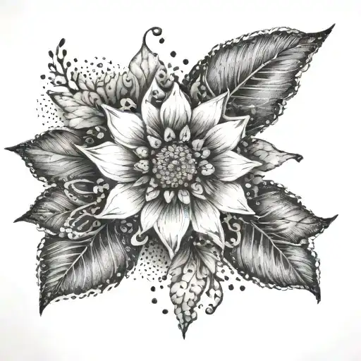 A Dotwork Tattoo Of A Serene Nature Scene With Intricate Flower Patterns