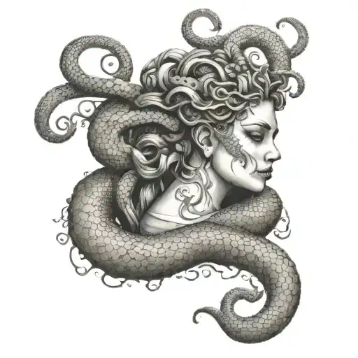 A Medusa With Snake Tattoos Wrapped Around Her Arms