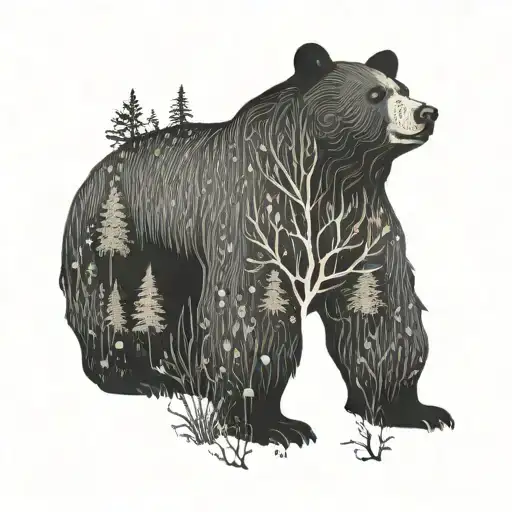 A Minimalist Line Drawing Of A Bear In A Forest Setting
