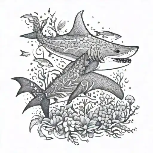 A Dotwork Design Featuring A Tribal Shark Surrounded By Coral Reefs And Sea Creatures