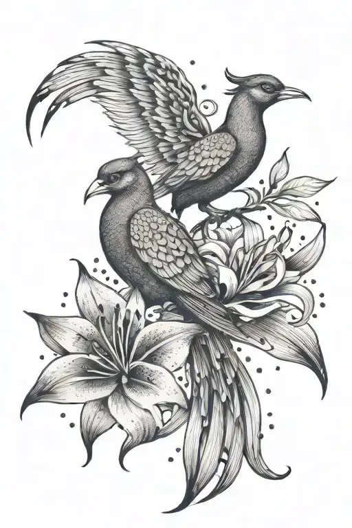 Lily Flower And Phoenix Bird