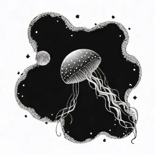 A Dotwork Tattoo Of A Jellyfish Floating Among The Stars In A Celestial Ocean