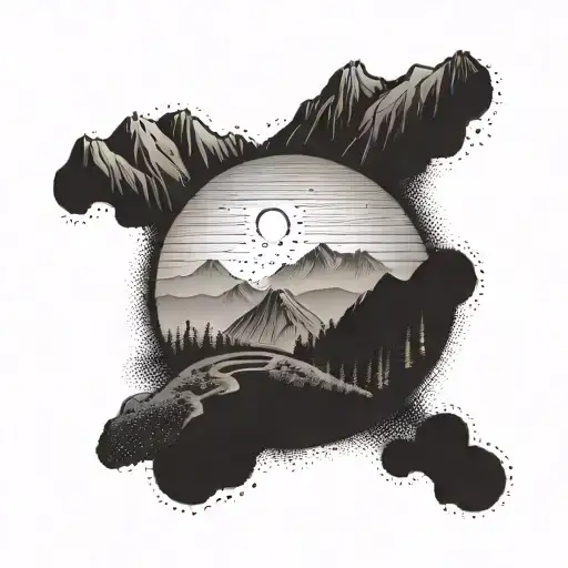 A Minimalist Mountain Range With A Winding Trail Running Through It