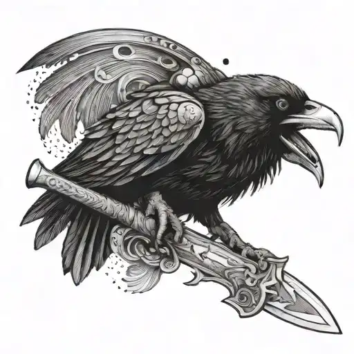 Crow With Viking Helmet Perched On A Sword
