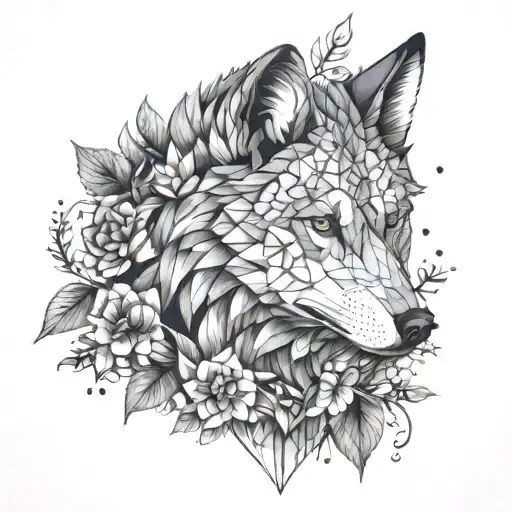 A Geometric Wolf Surrounded By Various Flowers And Leaves