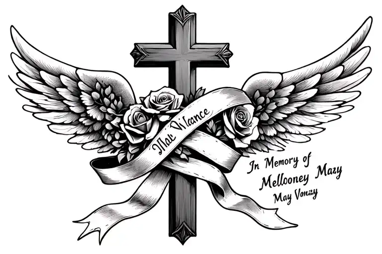Cross With Rose And Wings Wrapped With Ribbon Saying In Memory Of Melloney May Vance