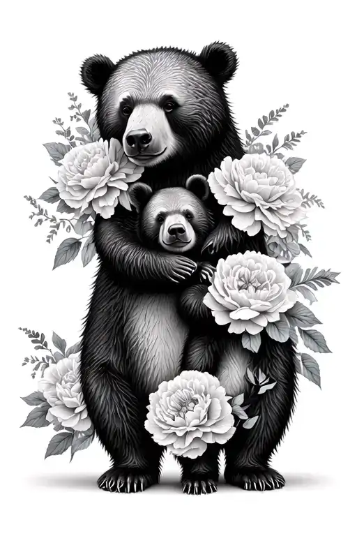 Mama Bear And Baby Bear With Peonies And Roses Carnation