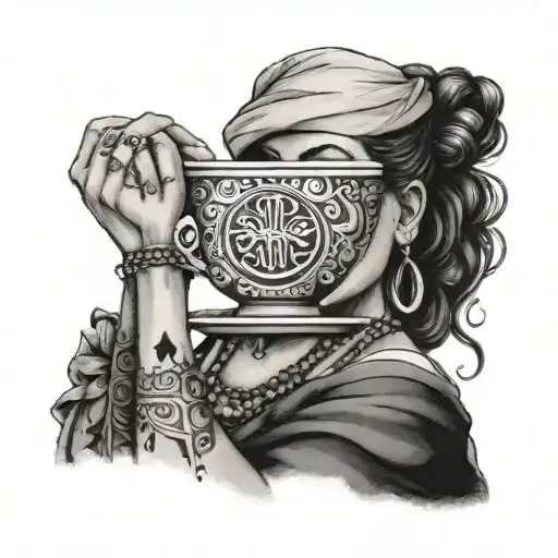A Gypsy Woman Holding A Coffee Cup With A Libra Symbol On It