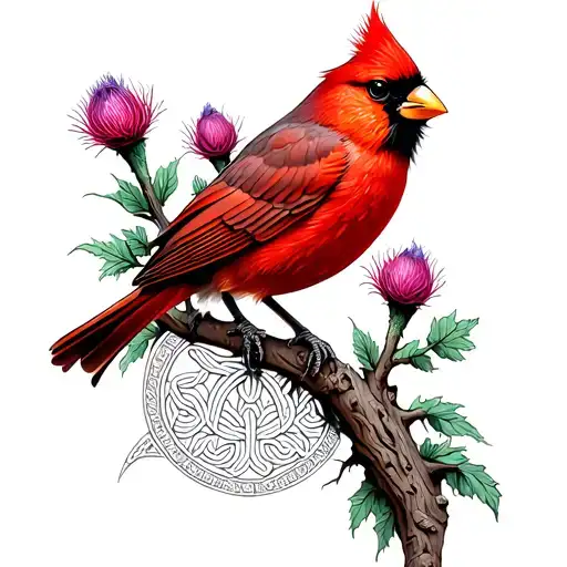 A Majestic Red Cardinal Perched On A Celtic Tree Of Life With A Scottish Thistle