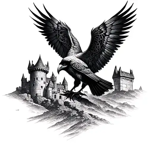 Intricate Blackwork Tattoo Of A Celtic Raven With Stained Glass Wings Soaring Over A Scottish Castle