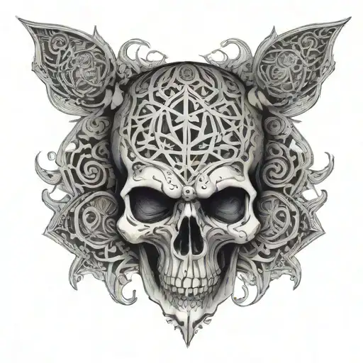 A Skull With Intricate Geometric Patterns Inspired By Heavy Metal Album Art