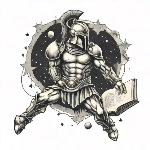 A Spartan Warrior Holding A Book With Stars And Planets Around Him