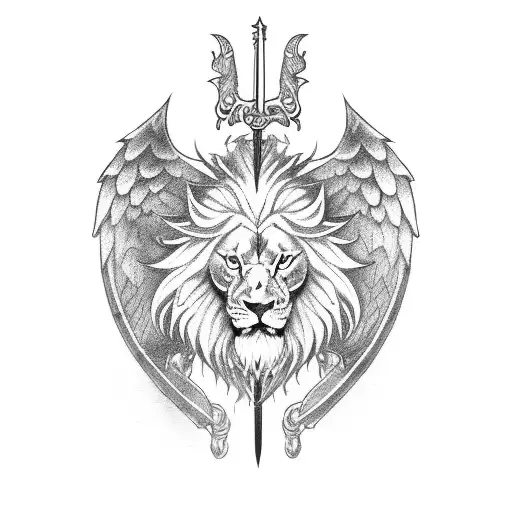 Horizontal Sword With Angel Wings On The Ends And Lion Face Ferocious In The Middle Of The Sword