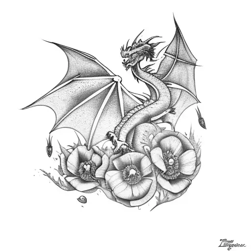 Dragon With Red Poppy Flowers