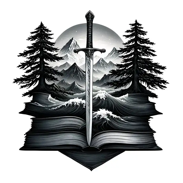 Mountains Wave Trees Bookstack Sword