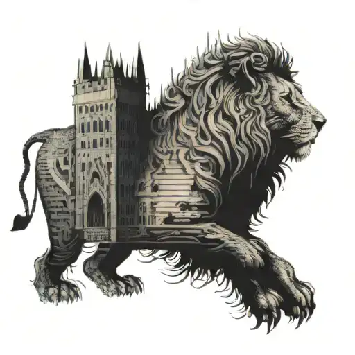 A Fantasy Castle Made Out Of Sheet Music With A Lion Standing Guard At The Entrance