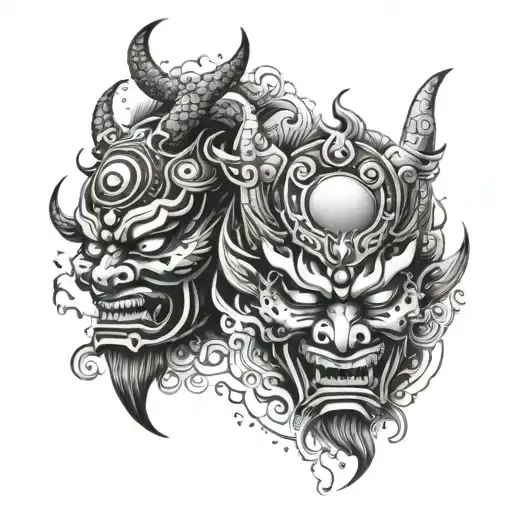 Two Oni Masks Surrounded By Swirling Clouds That Represent The Sun And Moon Celestial Bodies