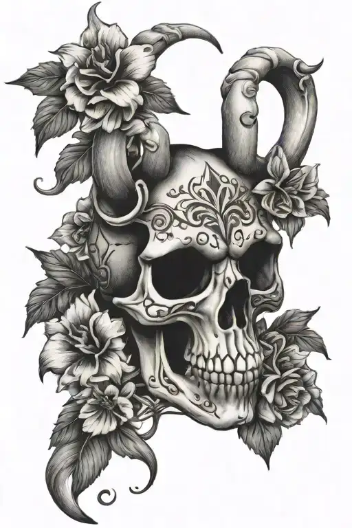 Skull Of Goat Black White Bell Flowers Intertwined