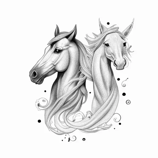 A White Horse Nect To A Black Horse In Fine Line