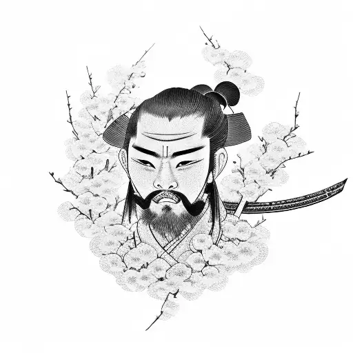 Japanese Samurai With Cherry Blossoms And Kanji