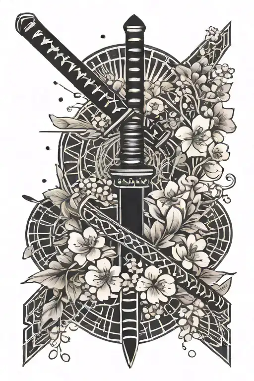 A Geometric Design Incorporating A Katana And Sakura Petals