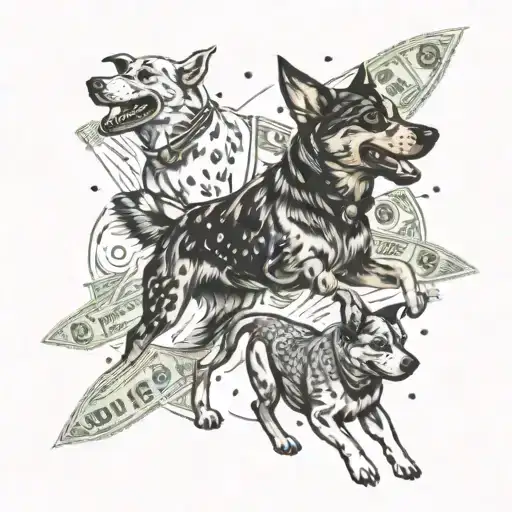A Dotwork Design Of A Pack Of Pet Dogs Running Through A Field Of Money And Treats