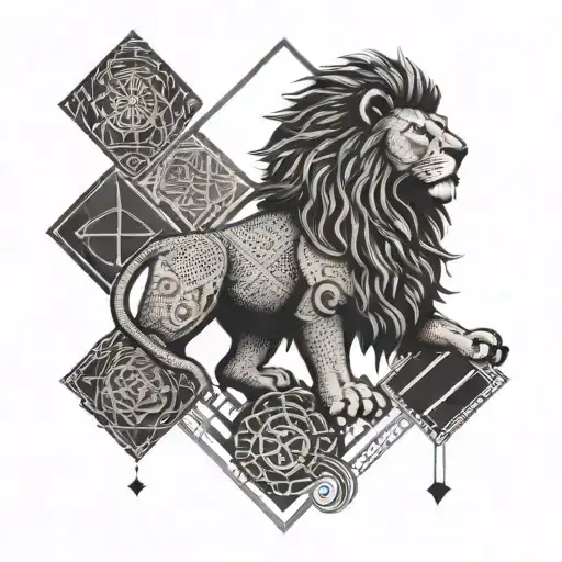 A Minimalist Dotwork Tattoo Of A Scottish Rampart Lion Surrounded By Geometric Shapes