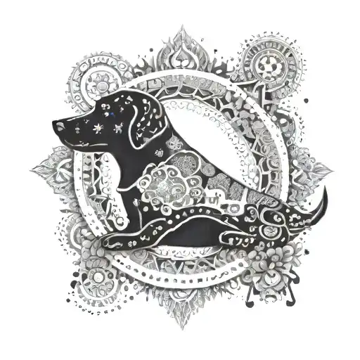 An Intricate Mandala Design Incorporating Musical Instruments And Labrador Dog Silhouettes