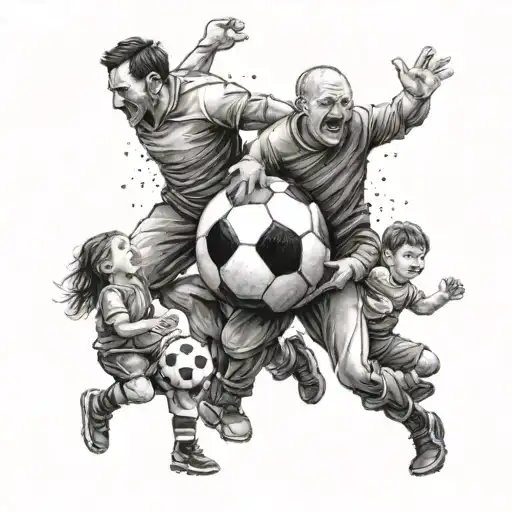 Design A Tattoo Of A Father Figure Playing Football With His Children In The Style Of Dotwork