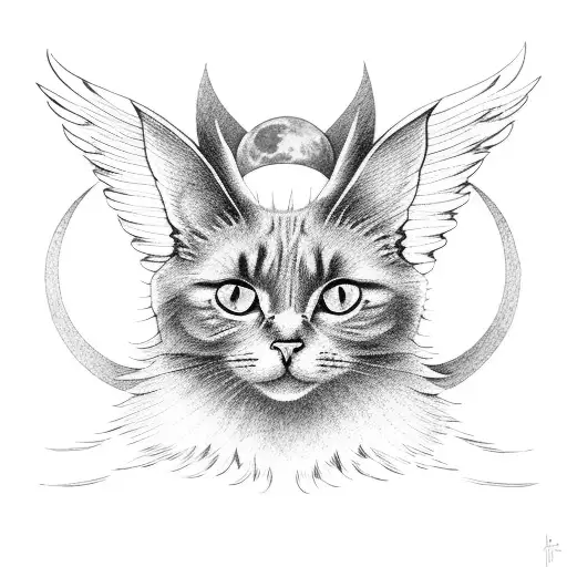 Cat With Moon Behind And Wings