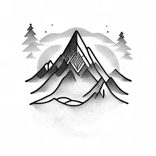 A Dotwork Tattoo Of A Majestic Mountain Range With A Silhouette Of A Bass Guitar In The Foreground