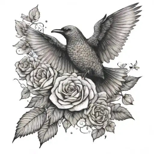 A Dotwork Design Of A Bird Flying Over A Field Of Roses And Hydrangeas