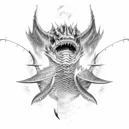 A Fierce Warrior Battling A Giant Digital Sea Monster With A Fishing Rod